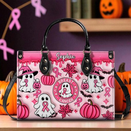 Personalized Spooky Vibe Breast Cancer Print 3D Inflated Leather PU Handbag, Halloween Gifts UKND5270802 - Image 2
