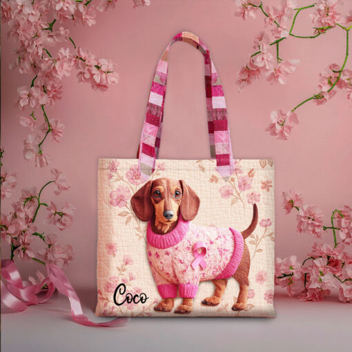 Custom Breast Cancer Women's Lovely Dachshund Quilted Tote Bag THHH5300801 - Image 3
