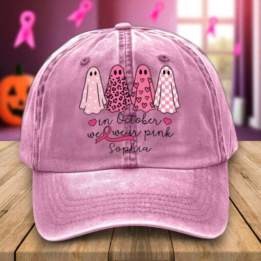 Custom Breast Cancer Distressed Washed Cotton Printed Hat , In October We Wear Pink Ghost Hat, Cancer Support Hat, Cancer Awareness Shirt, Cancer Fighter Gifts UKND5180805 - Image 2