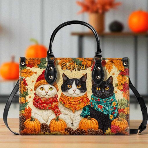 Custom Quilt Fall Cat Leather Handbag NPND5250802 - Image 2