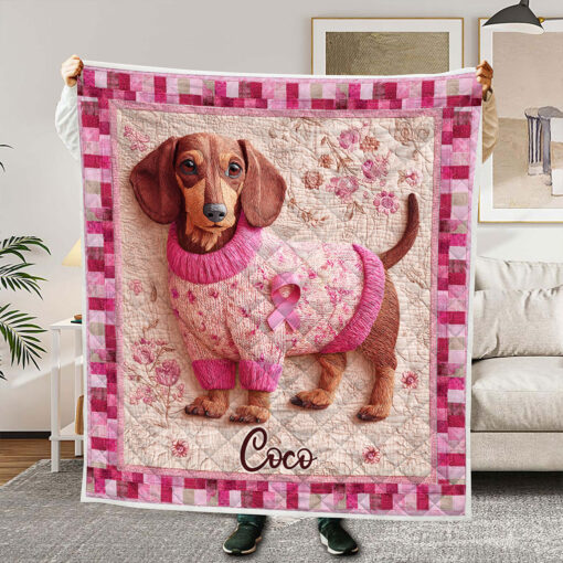 Custom Breast Cancer Women's Lovely Dachshund Quilt Blanket THHH5280803 - Image 2