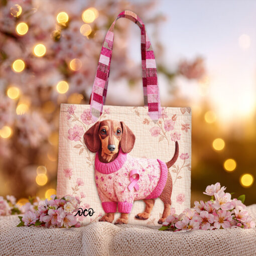 Custom Breast Cancer Women's Lovely Dachshund Quilted Tote Bag THHH5300801 - Image 2