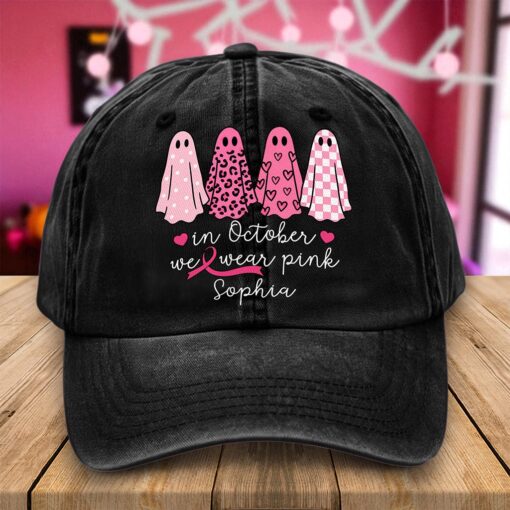 Custom Breast Cancer Distressed Washed Cotton Printed Hat , In October We Wear Pink Ghost Hat, Cancer Support Hat, Cancer Awareness Shirt, Cancer Fighter Gifts UKND5180805 - Image 3