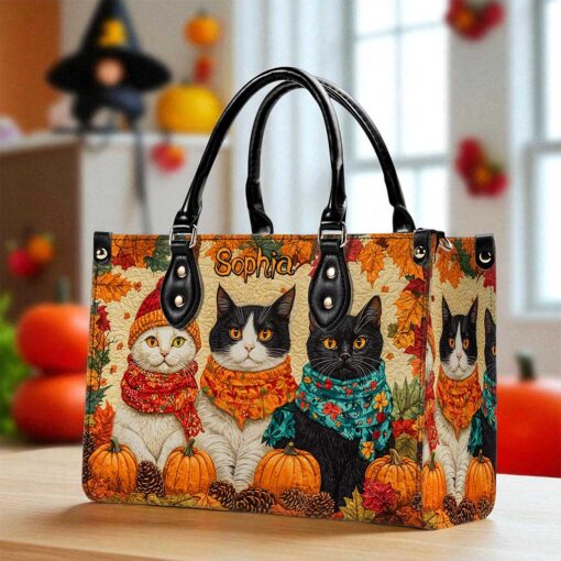 Custom Quilt Fall Cat Leather Handbag NPND5250802 - Image 3