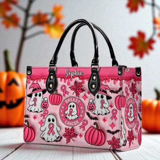 Personalized Spooky Vibe Breast Cancer Print 3D Inflated Leather PU Handbag, Halloween Gifts UKND5270802 - Image 3