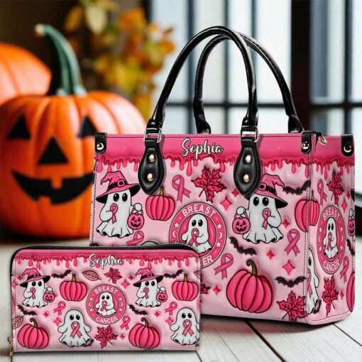 Personalized Spooky Vibe Breast Cancer Print 3D Inflated Leather PU Handbag, Halloween Gifts UKND5270802