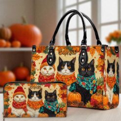 Custom Quilt Fall Cat Leather Handbag NPND5250802