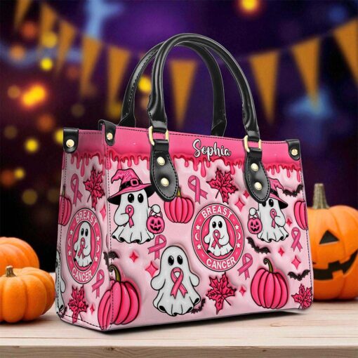 Personalized Spooky Vibe Breast Cancer Print 3D Inflated Leather PU Handbag, Halloween Gifts UKND5270802 - Image 4