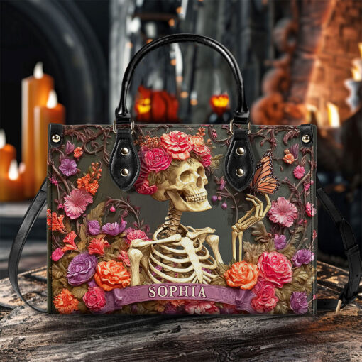 Personalized Skull Flower Halloween Leather Handbag UKTO5050902 - Image 3