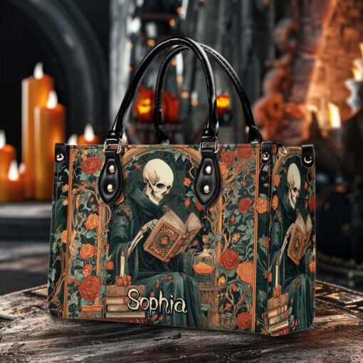 Personalized Gothic Skeleton Reading Book PU Leather Handbag QFHM5110901 - Image 3