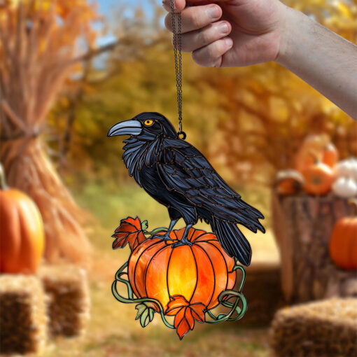 Black Raven Pumpkin Halloween Acrylic Window Hanging Suncatcher UKHA5130903 - Image 2