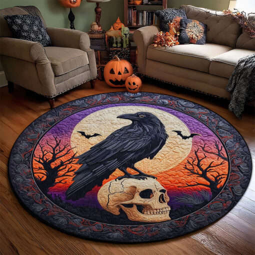 Mystic Black Raven Skull 3D Printed Rug, Halloween Round Mat UKTO5190903 - Image 2