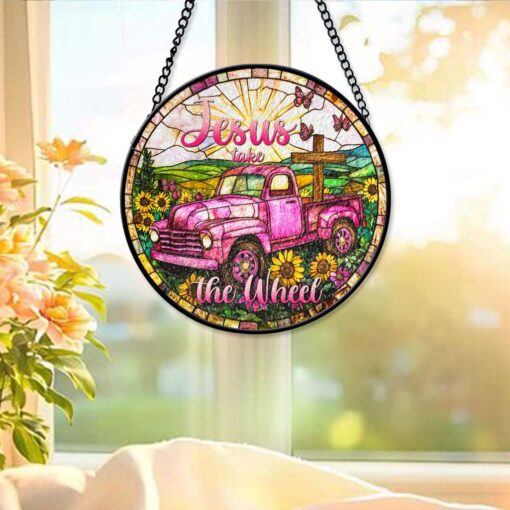 Jesus Take The Wheel Faux Stained Glass Suncatcher QFHM5050904 - Image 2