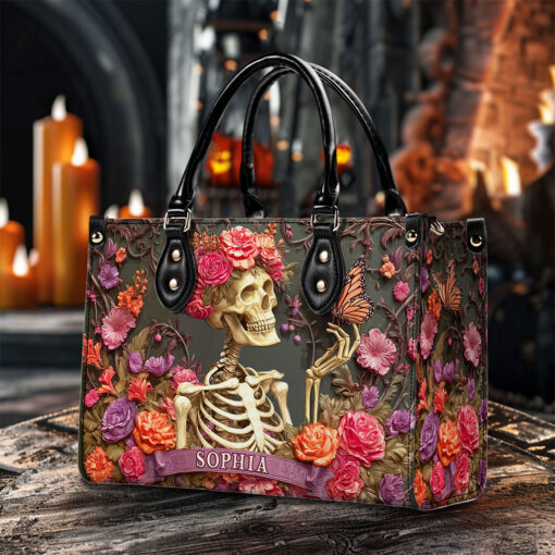 Personalized Skull Flower Halloween Leather Handbag UKTO5050902 - Image 2