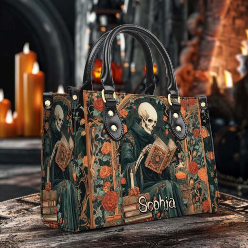 Personalized Gothic Skeleton Reading Book PU Leather Handbag QFHM5110901 - Image 4