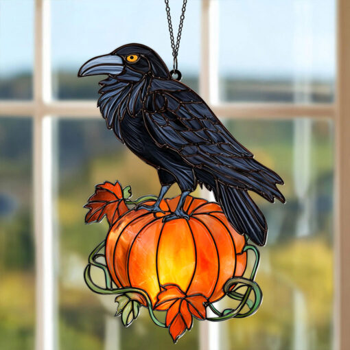 Black Raven Pumpkin Halloween Acrylic Window Hanging Suncatcher UKHA5130903 - Image 4