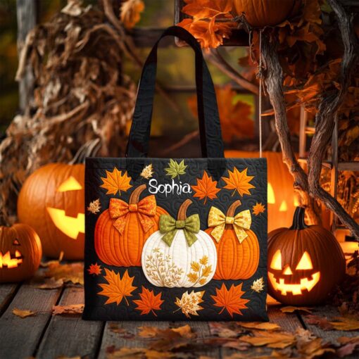 Custom Pumpkin Halloween Quilted Tote Bag UKHM5290806 - Image 3