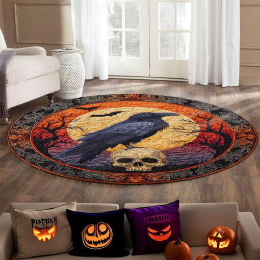 Mystic Black Raven Skull 3D Printed Rug, Halloween Round Mat UKTO5190903 - Image 3