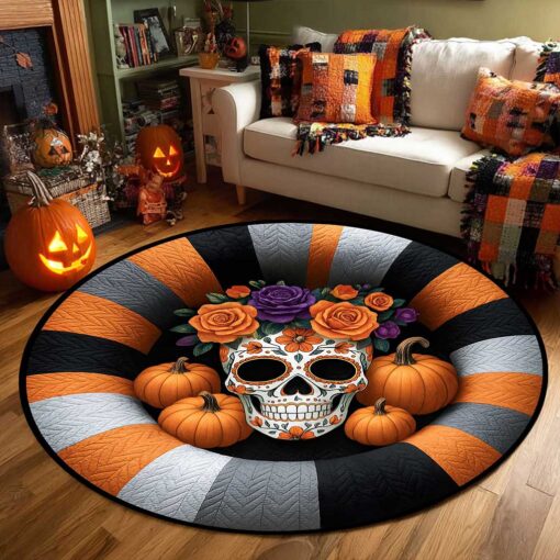 Sugar Skull Day Of The Dead Halloween 3D Printed Rug, Halloween Round Mat UKTZ5190901 - Image 2