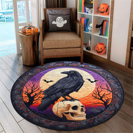 Mystic Black Raven Skull 3D Printed Rug, Halloween Round Mat UKTO5190903 - Image 4
