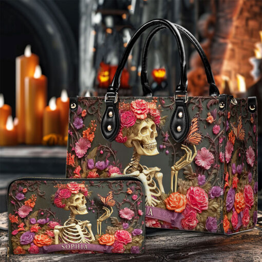 Personalized Skull Flower Halloween Leather Handbag UKTO5050902