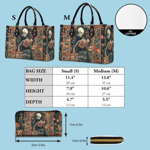 Personalized Gothic Skeleton Reading Book PU Leather Handbag QFHM5110901 - Image 8