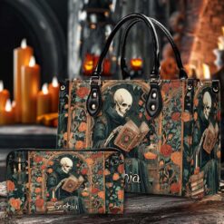 Personalized Gothic Skeleton Reading Book PU Leather Handbag QFHM5110901