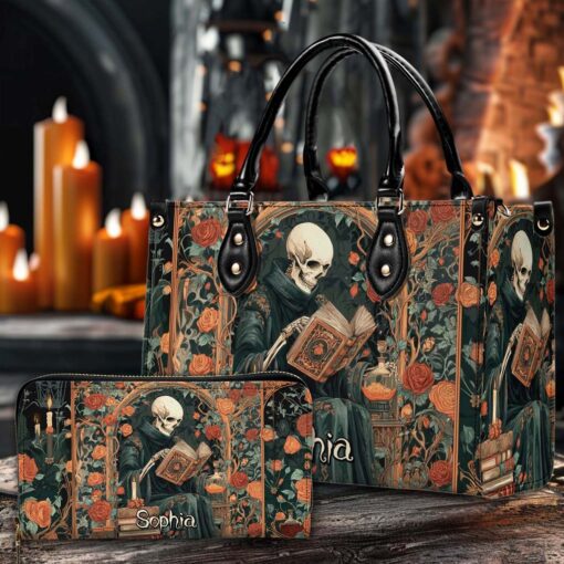Personalized Gothic Skeleton Reading Book PU Leather Handbag QFHM5110901