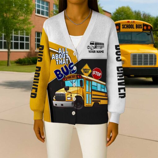 Personalized Name School Bus Driver Knitted Cardigan UKND5111003 - Image 2