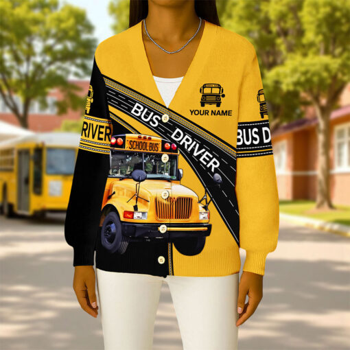 Personalized Name School Bus Driver Knitted Cardigan UKNT5091006 - Image 2