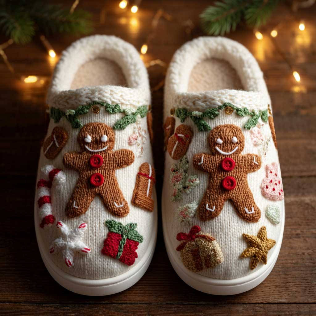 3D Printed Knit-Effect Gingerbread Christmas Cookie Cotton Slippers QFTD5141002