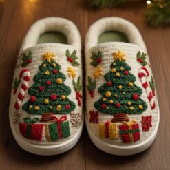 3D Printed Knit-Effect Christmas Tree Cotton Slippers QFTD5141001