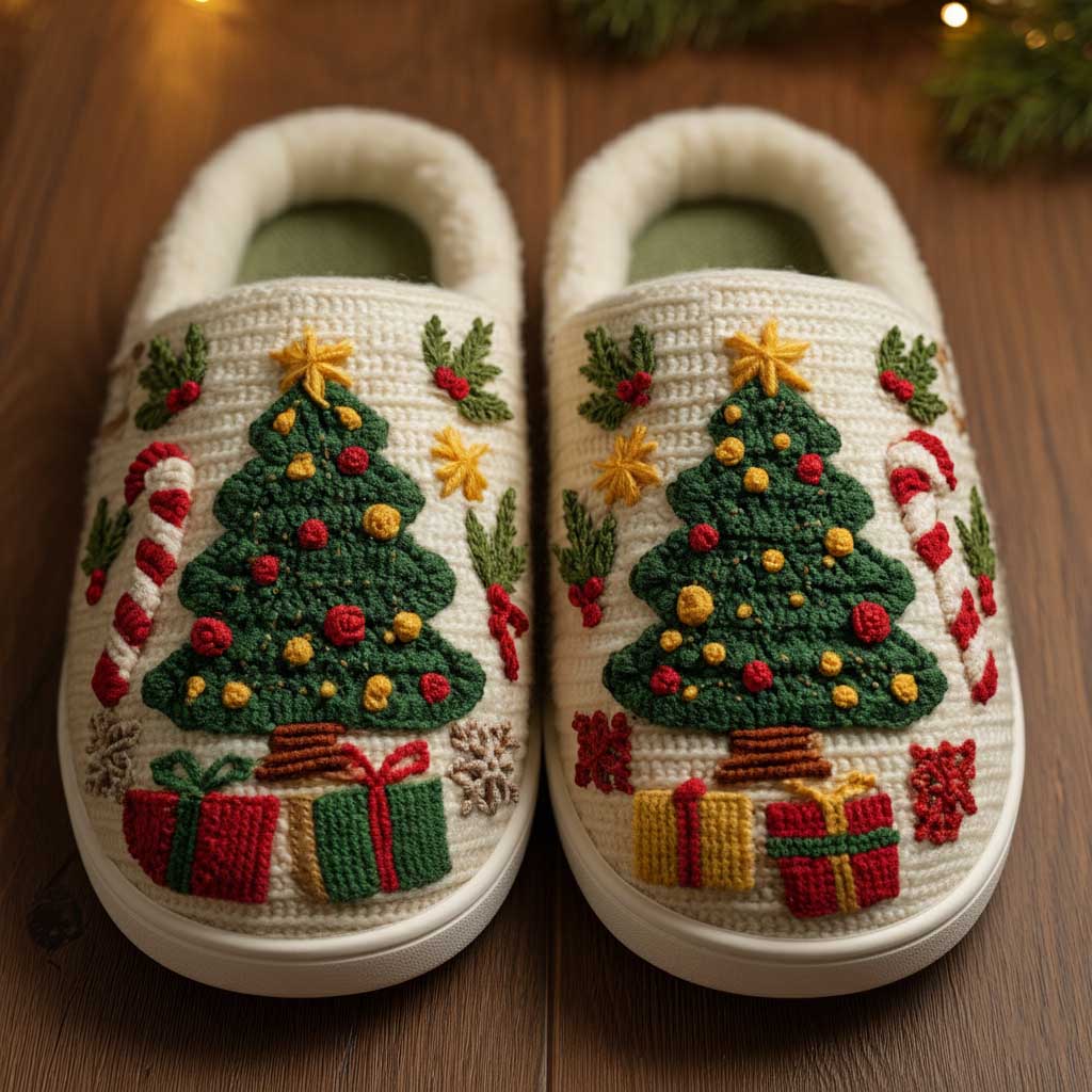 3D Printed Knit-Effect Christmas Tree Cotton Slippers QFTD5141001