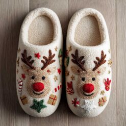 3D Printed Knit-Effect Reindeer Christmas Cotton Slippers QFTD5141004
