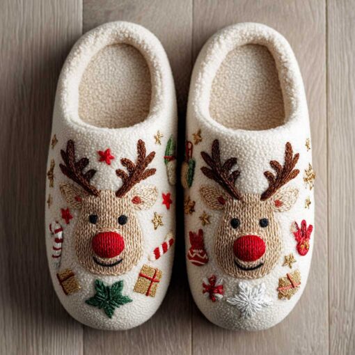 3D Printed Knit-Effect Reindeer Christmas Cotton Slippers QFTD5141004